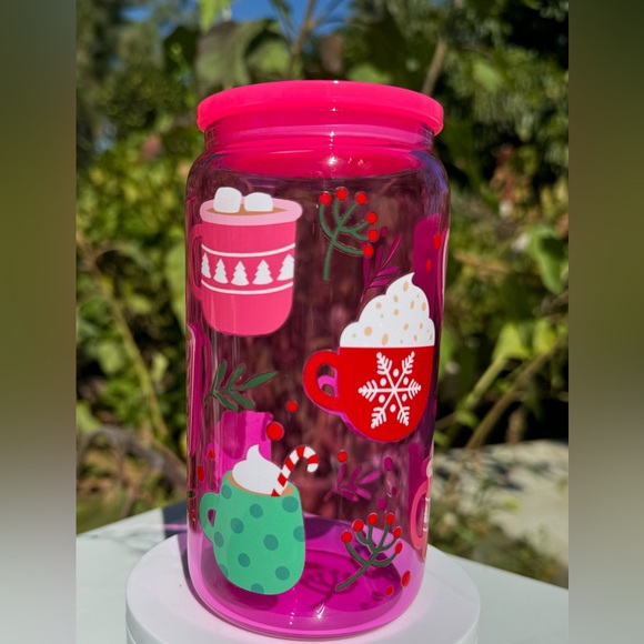 Christmas coffee and hot cocoa libbey can glass pink 16oz - Picture 3 of 5
